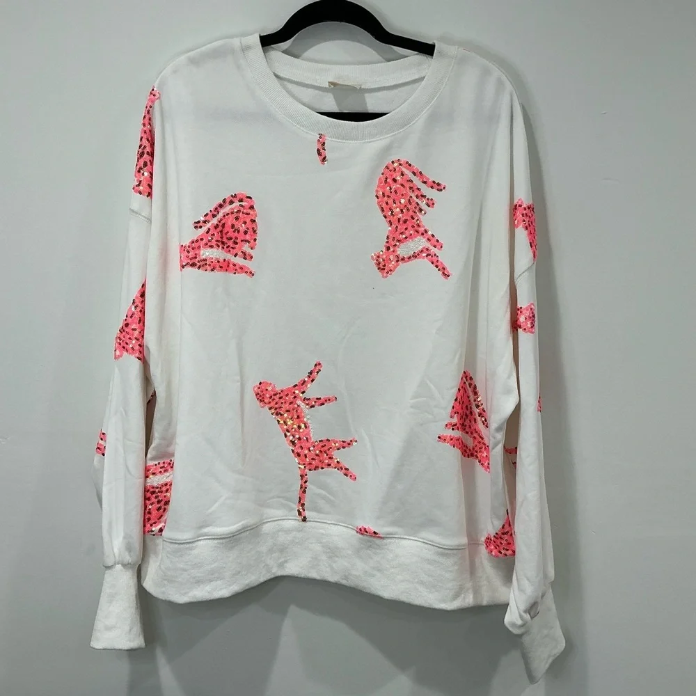 NWOT Peach Love White Long Sleeve Pink Sequin Cheetahs - Picture 2 of 7